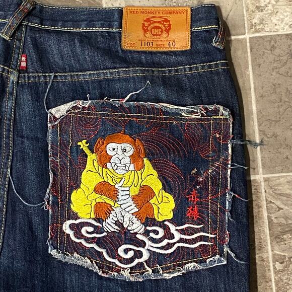 Red Monkey RMC Vintage Denim Skater Shorts SIZE 40 M Ksohoh Monkey King Pocket - Picture 13 of 14